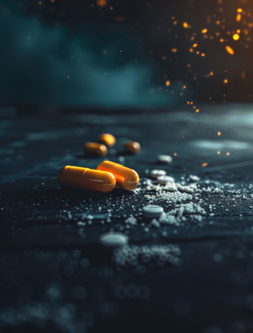 Close-up of pills and capsules on a dark surface with glowing particles.