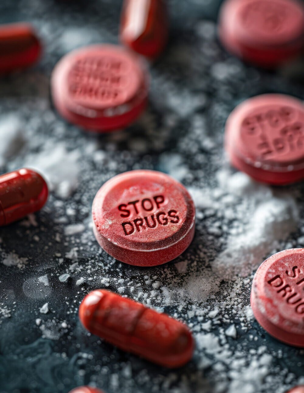 Stop drugs awareness message on red pill with scattered pills background.